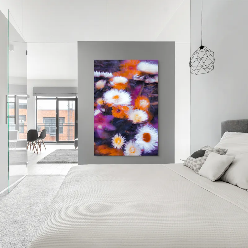Tablou Canvas, "Flori albe și portocalii în mișcare", Flori, Vibrante, Culori, Alb, Portocaliu, Mov, Petale, Textură, Frumusețe, Natură, 100 x 150 cm – poza 5