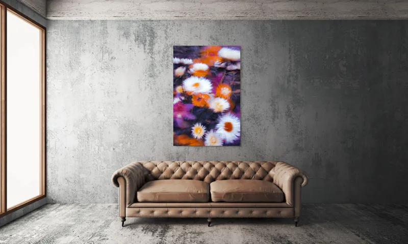 Tablou Canvas, "Flori albe și portocalii în mișcare", Flori, Vibrante, Culori, Alb, Portocaliu, Mov, Petale, Textură, Frumusețe, Natură, 100 x 150 cm – poza 6