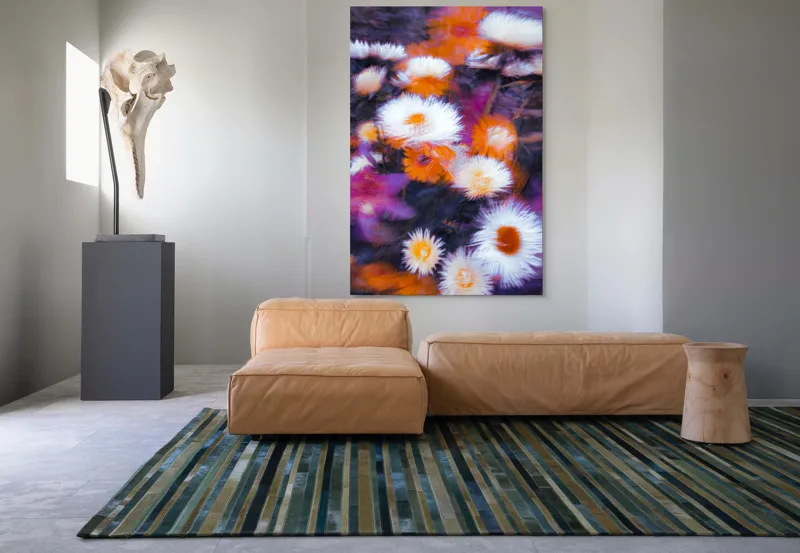 Tablou Canvas, "Flori albe și portocalii în mișcare", Flori, Vibrante, Culori, Alb, Portocaliu, Mov, Petale, Textură, Frumusețe, Natură, 100 x 150 cm – poza 7
