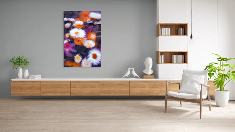 Tablou Canvas, "Flori albe și portocalii în mișcare", Flori, Vibrante, Culori, Alb, Portocaliu, Mov, Petale, Textură, Frumusețe, Natură, 100 x 150 cm – poza 8