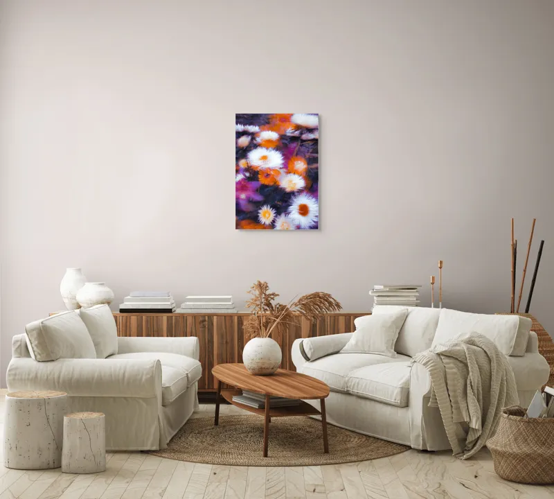 Tablou Canvas, "Flori albe și portocalii în mișcare", Flori, Vibrante, Culori, Alb, Portocaliu, Mov, Petale, Textură, Frumusețe, Natură, 50 x 70 cm – poza 4