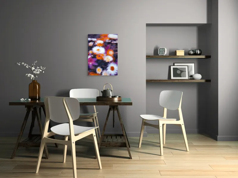 Tablou Canvas, "Flori albe și portocalii în mișcare", Flori, Vibrante, Culori, Alb, Portocaliu, Mov, Petale, Textură, Frumusețe, Natură, 50 x 70 cm – poza 5