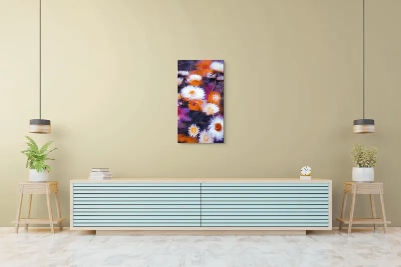 Tablou Canvas, "Flori albe și portocalii în mișcare", Flori, Vibrante, Culori, Alb, Portocaliu, Mov, Petale, Textură, Frumusețe, Natură, 50 x 90 cm – poza 6