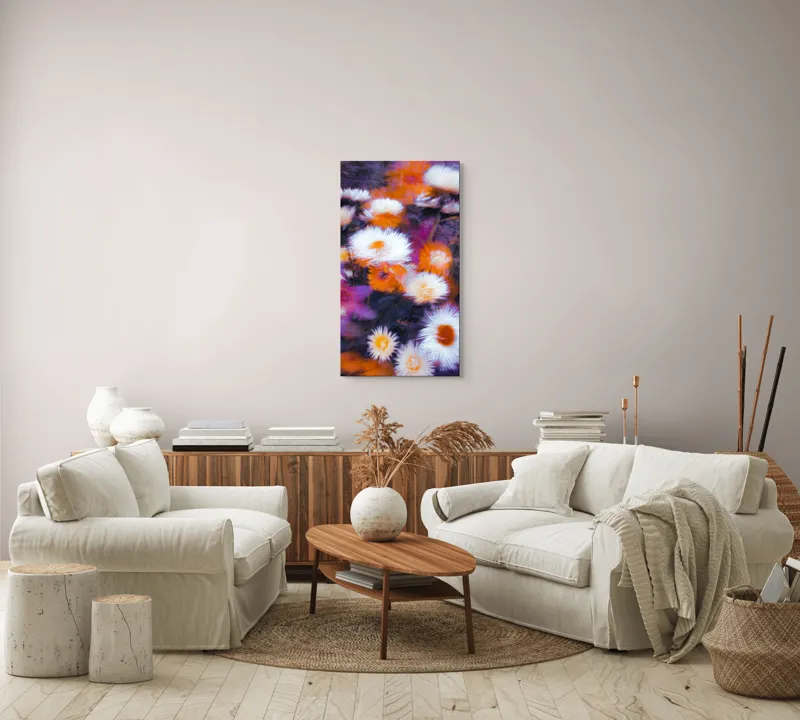 Tablou Canvas, "Flori albe și portocalii în mișcare", Flori, Vibrante, Culori, Alb, Portocaliu, Mov, Petale, Textură, Frumusețe, Natură, 50 x 90 cm – poza 7