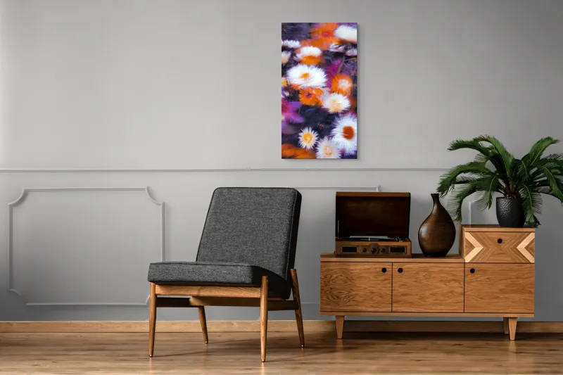 Tablou Canvas, "Flori albe și portocalii în mișcare", Flori, Vibrante, Culori, Alb, Portocaliu, Mov, Petale, Textură, Frumusețe, Natură, 50 x 90 cm – poza 8