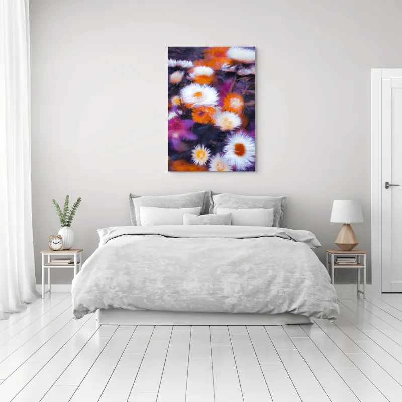 Tablou Canvas, "Flori albe și portocalii în mișcare", Flori, Vibrante, Culori, Alb, Portocaliu, Mov, Petale, Textură, Frumusețe, Natură, 70 x 100 cm – poza 3