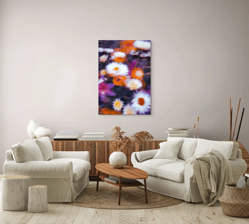 Tablou Canvas, "Flori albe și portocalii în mișcare", Flori, Vibrante, Culori, Alb, Portocaliu, Mov, Petale, Textură, Frumusețe, Natură, 70 x 100 cm – poza 4