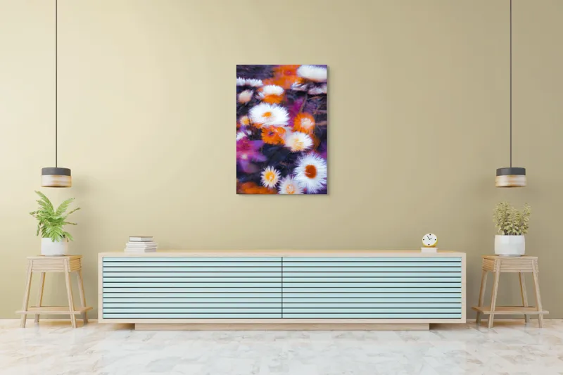 Tablou Canvas, "Flori albe și portocalii în mișcare", Flori, Vibrante, Culori, Alb, Portocaliu, Mov, Petale, Textură, Frumusețe, Natură, 70 x 100 cm – poza 5