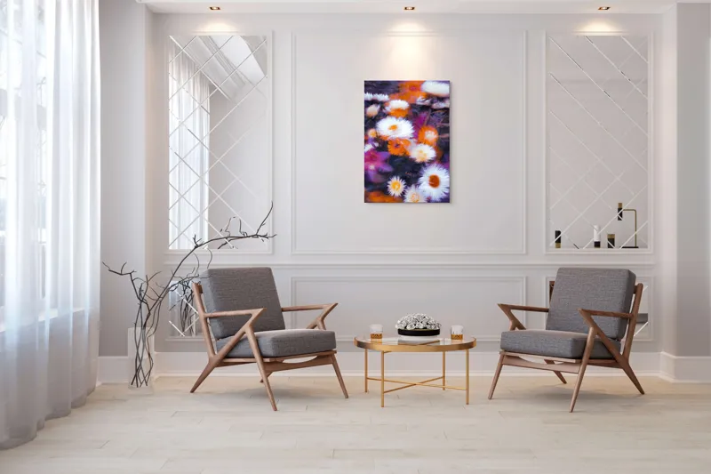 Tablou Canvas, "Flori albe și portocalii în mișcare", Flori, Vibrante, Culori, Alb, Portocaliu, Mov, Petale, Textură, Frumusețe, Natură, 70 x 100 cm – poza 8