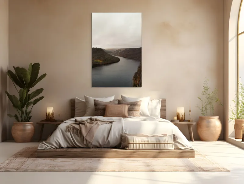 Tablou Canvas, "Valea liniștită sub cer înnourat", Norii, Colinele, Reflecții, Apă, Melancolie, Liniște, Peisaj, Seninătate, Natură, Contemplare, 100 x 150 cm – poza 3