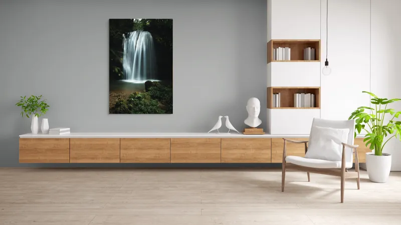 Tablou Canvas, "Căderea misterioasă a apei în pădure", Cascadă, Apă, Pădure, Roci, Vegetație, 100 x 150 cm – poza 8