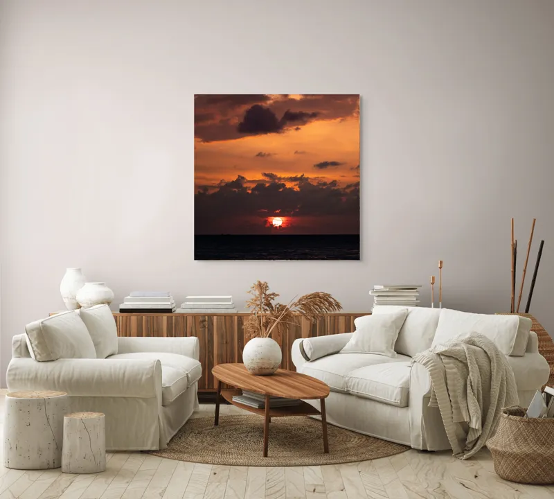 Tablou Canvas, "Apus de soare pe mare liniștită", Apus, Cer, Nori, Ocean, Lumină, Umbre, Orizont, Culori, Relaxare, Frumusețe, 100 x 100 cm – poza 3