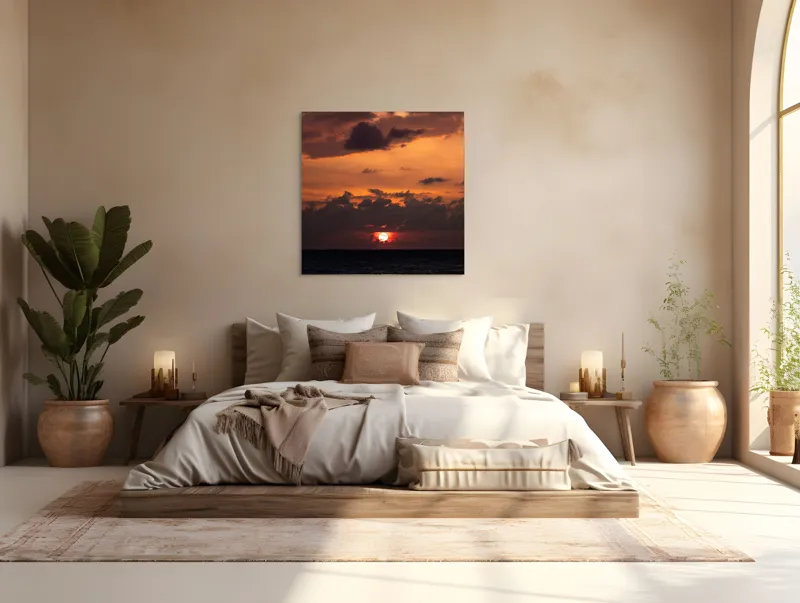 Tablou Canvas, "Apus de soare pe mare liniștită", Apus, Cer, Nori, Ocean, Lumină, Umbre, Orizont, Culori, Relaxare, Frumusețe, 100 x 100 cm – poza 4
