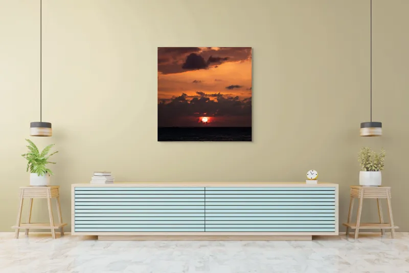 Tablou Canvas, "Apus de soare pe mare liniștită", Apus, Cer, Nori, Ocean, Lumină, Umbre, Orizont, Culori, Relaxare, Frumusețe, 100 x 100 cm – poza 5