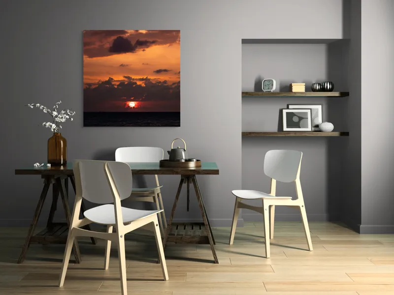 Tablou Canvas, "Apus de soare pe mare liniștită", Apus, Cer, Nori, Ocean, Lumină, Umbre, Orizont, Culori, Relaxare, Frumusețe, 100 x 100 cm – poza 6