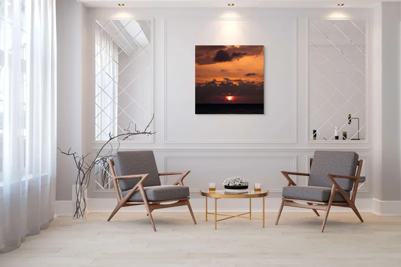 Tablou Canvas, "Apus de soare pe mare liniștită", Apus, Cer, Nori, Ocean, Lumină, Umbre, Orizont, Culori, Relaxare, Frumusețe, 100 x 100 cm – poza 7