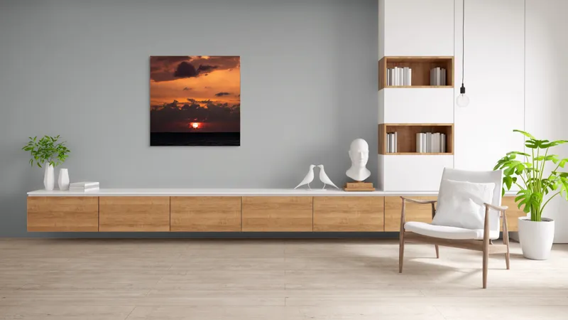 Tablou Canvas, "Apus de soare pe mare liniștită", Apus, Cer, Nori, Ocean, Lumină, Umbre, Orizont, Culori, Relaxare, Frumusețe, 100 x 100 cm – poza 8