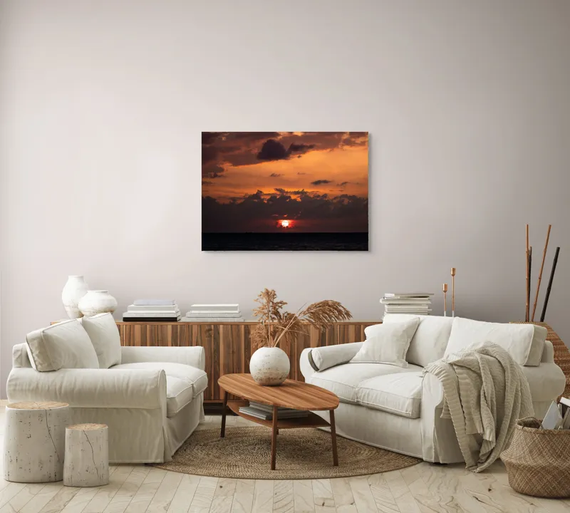 Tablou Canvas, "Apus de soare pe mare liniștită", Apus, Cer, Nori, Ocean, Lumină, Umbre, Orizont, Culori, Relaxare, Frumusețe, 100 x 70 cm – poza 3