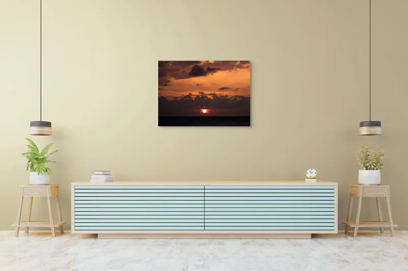 Tablou Canvas, "Apus de soare pe mare liniștită", Apus, Cer, Nori, Ocean, Lumină, Umbre, Orizont, Culori, Relaxare, Frumusețe, 100 x 70 cm – poza 4