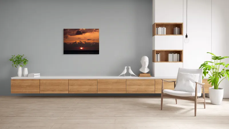 Tablou Canvas, "Apus de soare pe mare liniștită", Apus, Cer, Nori, Ocean, Lumină, Umbre, Orizont, Culori, Relaxare, Frumusețe, 100 x 70 cm – poza 6