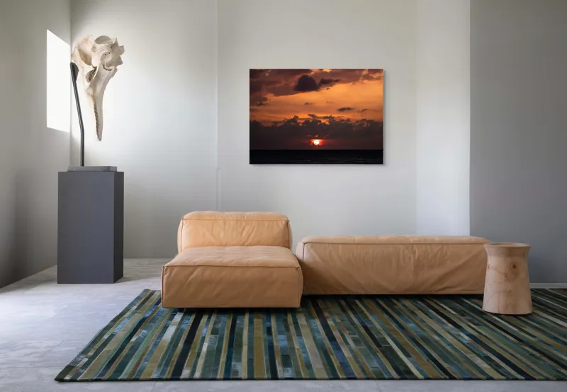 Tablou Canvas, "Apus de soare pe mare liniștită", Apus, Cer, Nori, Ocean, Lumină, Umbre, Orizont, Culori, Relaxare, Frumusețe, 100 x 70 cm – poza 7