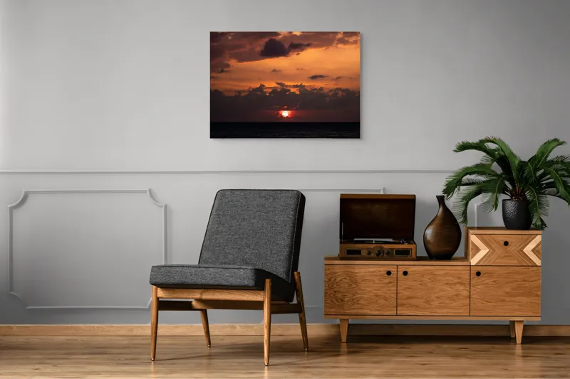Tablou Canvas, "Apus de soare pe mare liniștită", Apus, Cer, Nori, Ocean, Lumină, Umbre, Orizont, Culori, Relaxare, Frumusețe, 100 x 70 cm – poza 8