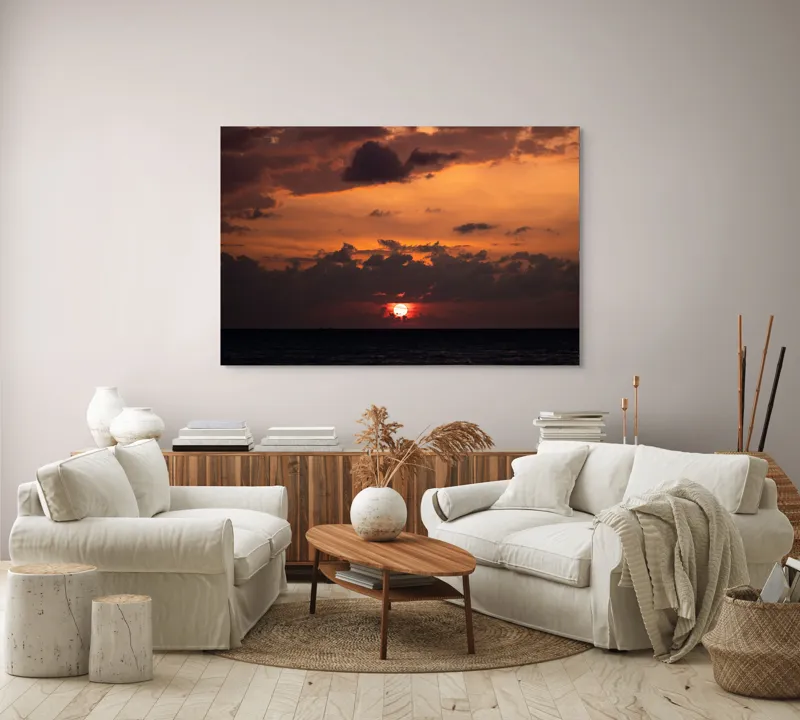 Tablou Canvas, "Apus de soare pe mare liniștită", Apus, Cer, Nori, Ocean, Lumină, Umbre, Orizont, Culori, Relaxare, Frumusețe, 150 x 100 cm – poza 3