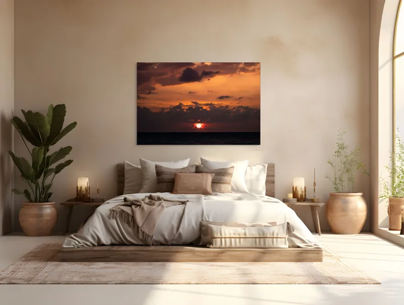 Tablou Canvas, "Apus de soare pe mare liniștită", Apus, Cer, Nori, Ocean, Lumină, Umbre, Orizont, Culori, Relaxare, Frumusețe, 150 x 100 cm – poza 4