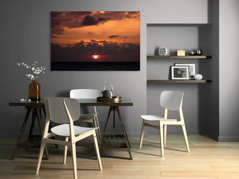 Tablou Canvas, "Apus de soare pe mare liniștită", Apus, Cer, Nori, Ocean, Lumină, Umbre, Orizont, Culori, Relaxare, Frumusețe, 150 x 100 cm – poza 5