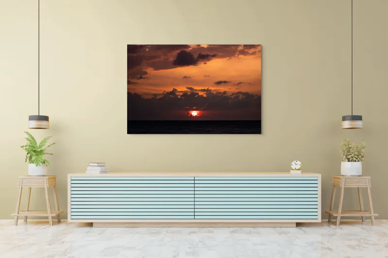 Tablou Canvas, "Apus de soare pe mare liniștită", Apus, Cer, Nori, Ocean, Lumină, Umbre, Orizont, Culori, Relaxare, Frumusețe, 150 x 100 cm – poza 6