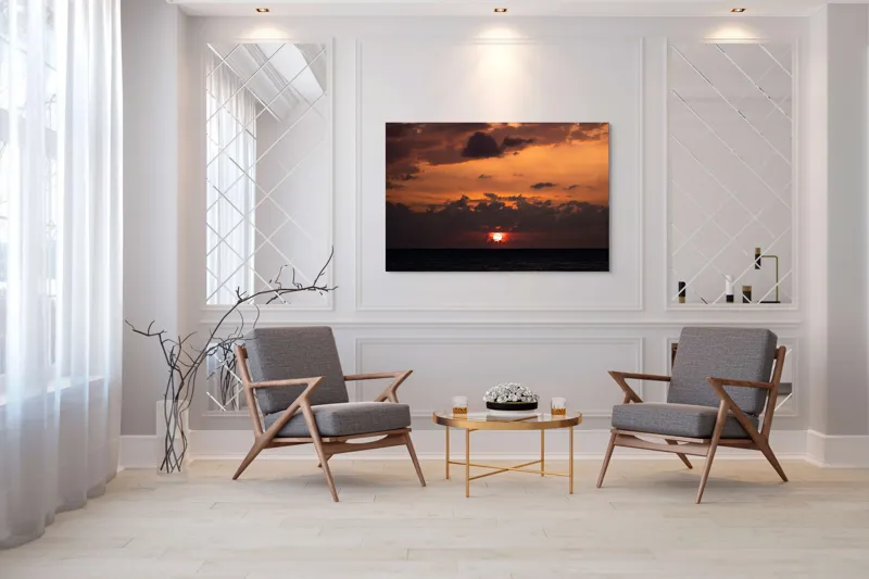Tablou Canvas, "Apus de soare pe mare liniștită", Apus, Cer, Nori, Ocean, Lumină, Umbre, Orizont, Culori, Relaxare, Frumusețe, 150 x 100 cm – poza 7