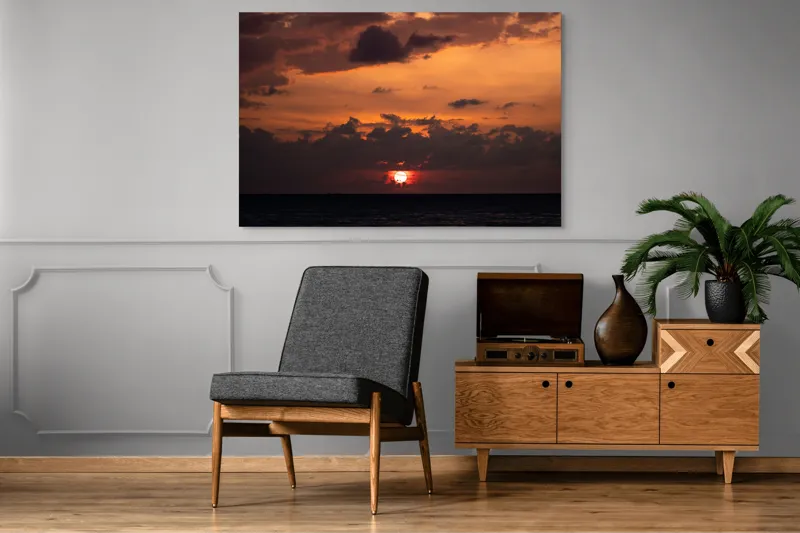 Tablou Canvas, "Apus de soare pe mare liniștită", Apus, Cer, Nori, Ocean, Lumină, Umbre, Orizont, Culori, Relaxare, Frumusețe, 150 x 100 cm – poza 8