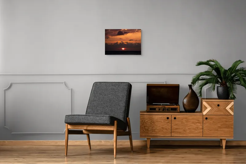 Tablou Canvas, "Apus de soare pe mare liniștită", Apus, Cer, Nori, Ocean, Lumină, Umbre, Orizont, Culori, Relaxare, Frumusețe, 54 x 39 cm – poza 7