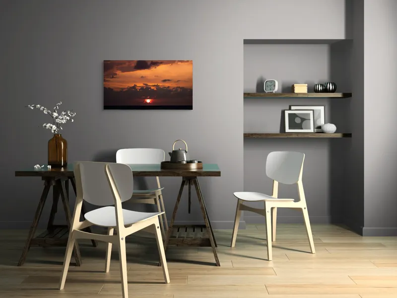 Tablou Canvas, "Apus de soare pe mare liniștită", Apus, Cer, Nori, Ocean, Lumină, Umbre, Orizont, Culori, Relaxare, Frumusețe, 90 x 50 cm – poza 3