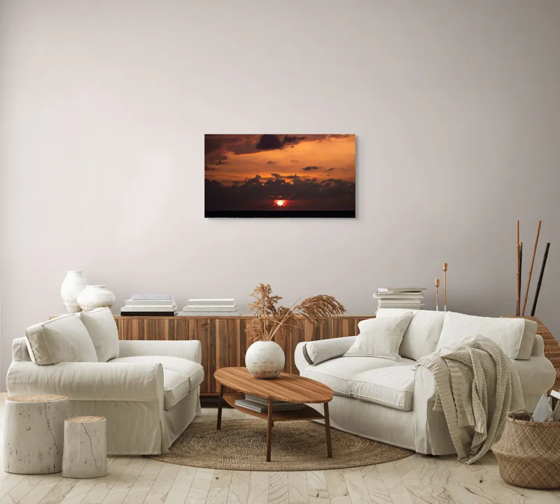 Tablou Canvas, "Apus de soare pe mare liniștită", Apus, Cer, Nori, Ocean, Lumină, Umbre, Orizont, Culori, Relaxare, Frumusețe, 90 x 50 cm – poza 4