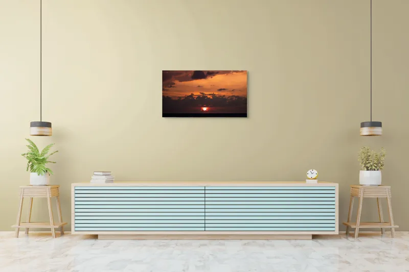Tablou Canvas, "Apus de soare pe mare liniștită", Apus, Cer, Nori, Ocean, Lumină, Umbre, Orizont, Culori, Relaxare, Frumusețe, 90 x 50 cm – poza 5