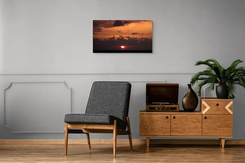 Tablou Canvas, "Apus de soare pe mare liniștită", Apus, Cer, Nori, Ocean, Lumină, Umbre, Orizont, Culori, Relaxare, Frumusețe, 90 x 50 cm – poza 6