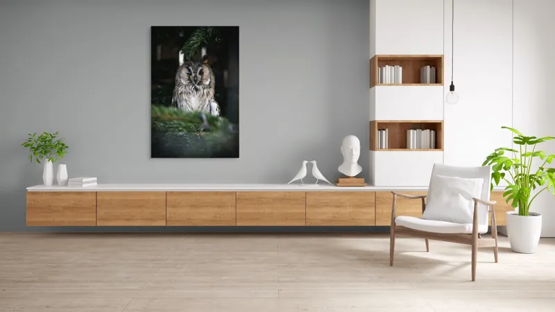 Tablou Canvas, "Bufniță pitită printre ramuri de brad", Bufniță, Ramuri, Pădure, Privire, Noapte, Liniște, Mister, Natură, Penaj, Vânătoare, 100 x 150 cm – poza 8
