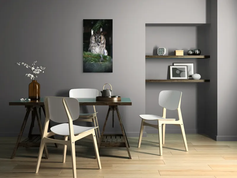 Tablou Canvas, "Bufniță pitită printre ramuri de brad", Bufniță, Ramuri, Pădure, Privire, Noapte, Liniște, Mister, Natură, Penaj, Vânătoare, 50 x 90 cm – poza 4