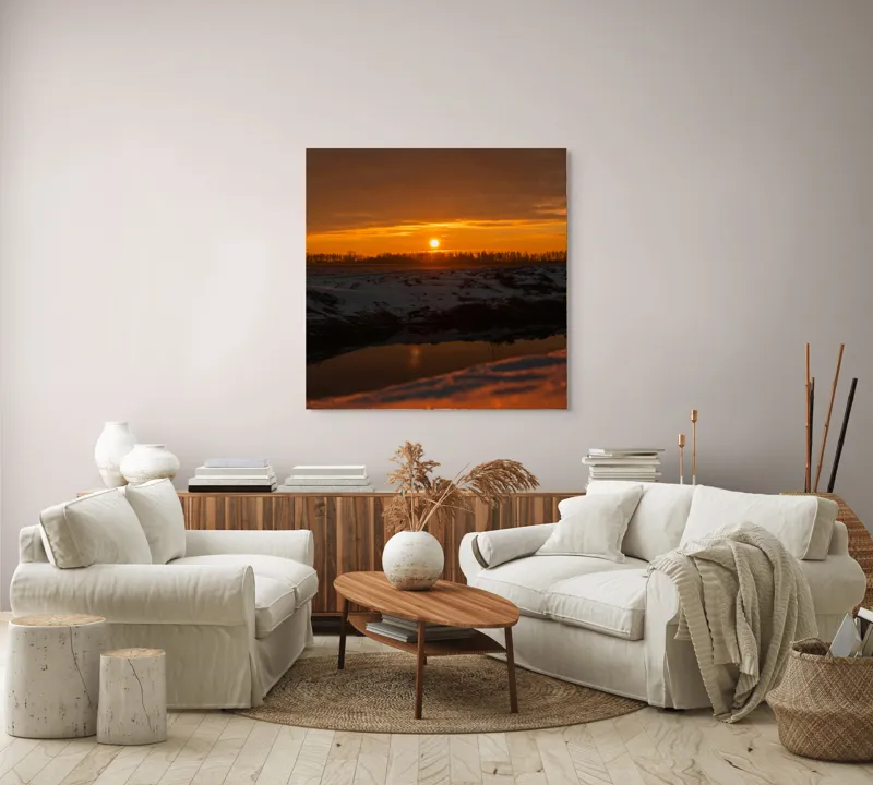 Tablou Canvas, "Apus de soare în iarnă liniștită", Apus, Cer, Nori, Zăpadă, Reflecție, Orizont, Lumină, 100 x 100 cm – poza 3