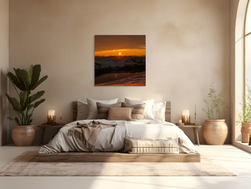 Tablou Canvas, "Apus de soare în iarnă liniștită", Apus, Cer, Nori, Zăpadă, Reflecție, Orizont, Lumină, 100 x 100 cm – poza 4