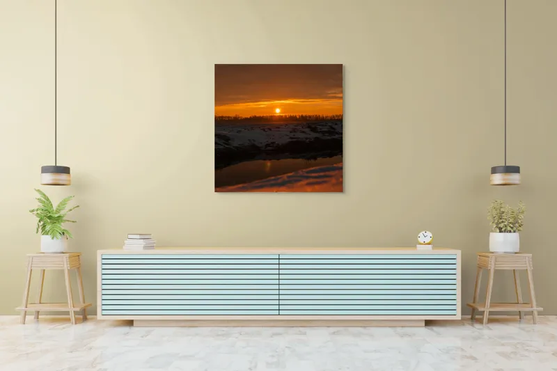 Tablou Canvas, "Apus de soare în iarnă liniștită", Apus, Cer, Nori, Zăpadă, Reflecție, Orizont, Lumină, 100 x 100 cm – poza 5