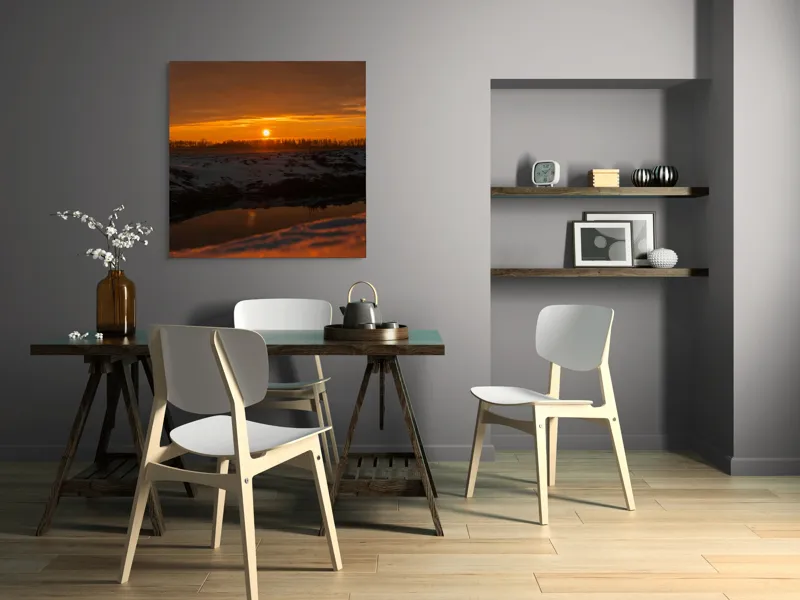 Tablou Canvas, "Apus de soare în iarnă liniștită", Apus, Cer, Nori, Zăpadă, Reflecție, Orizont, Lumină, 100 x 100 cm – poza 6