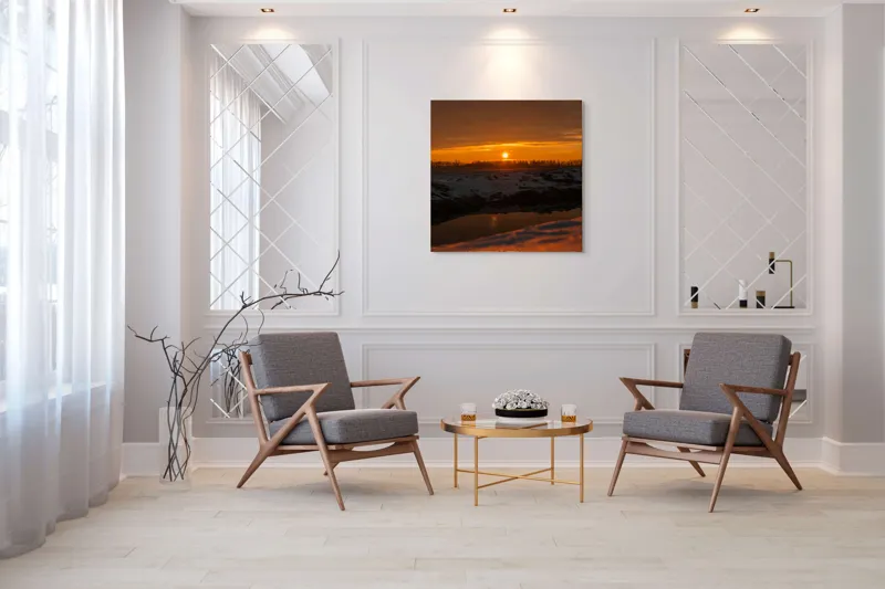 Tablou Canvas, "Apus de soare în iarnă liniștită", Apus, Cer, Nori, Zăpadă, Reflecție, Orizont, Lumină, 100 x 100 cm – poza 7