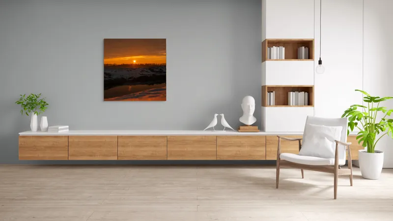 Tablou Canvas, "Apus de soare în iarnă liniștită", Apus, Cer, Nori, Zăpadă, Reflecție, Orizont, Lumină, 100 x 100 cm – poza 8