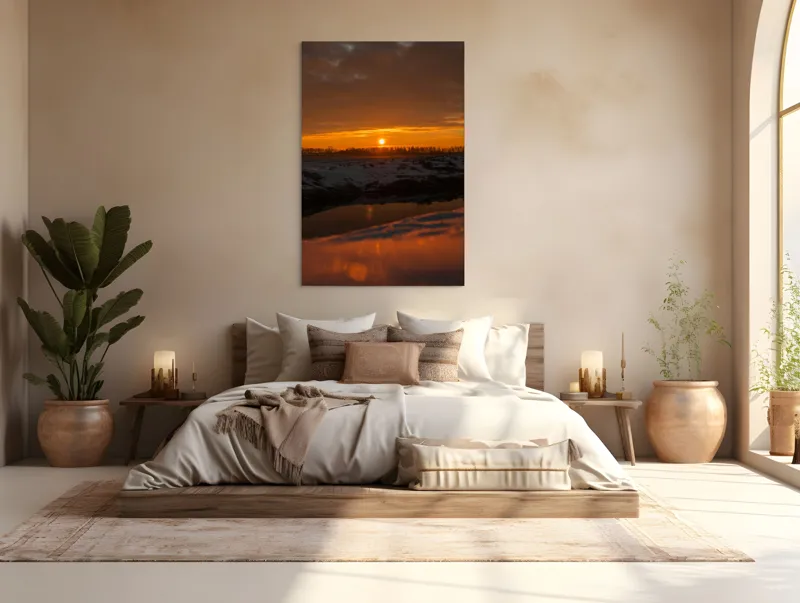 Tablou Canvas, "Apus de soare în iarnă liniștită", Apus, Cer, Nori, Zăpadă, Reflecție, Orizont, Lumină, 100 x 150 cm – poza 3