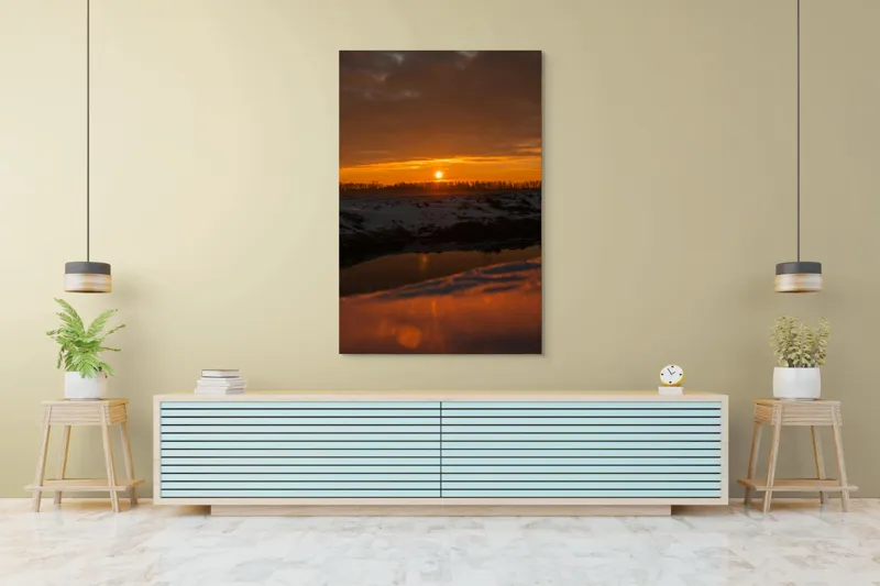 Tablou Canvas, "Apus de soare în iarnă liniștită", Apus, Cer, Nori, Zăpadă, Reflecție, Orizont, Lumină, 100 x 150 cm – poza 4