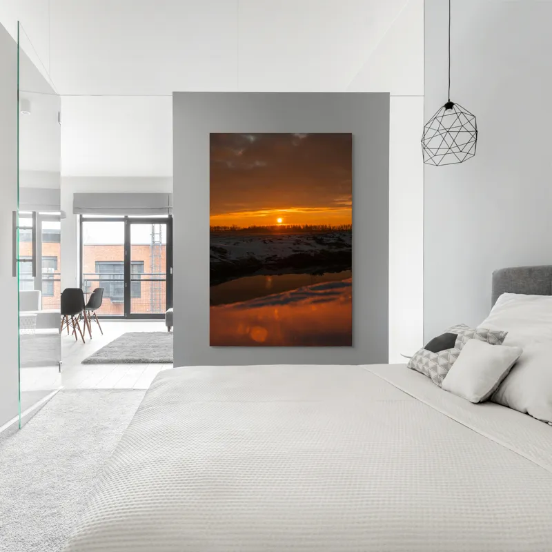 Tablou Canvas, "Apus de soare în iarnă liniștită", Apus, Cer, Nori, Zăpadă, Reflecție, Orizont, Lumină, 100 x 150 cm – poza 5