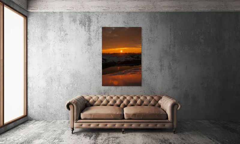 Tablou Canvas, "Apus de soare în iarnă liniștită", Apus, Cer, Nori, Zăpadă, Reflecție, Orizont, Lumină, 100 x 150 cm – poza 6