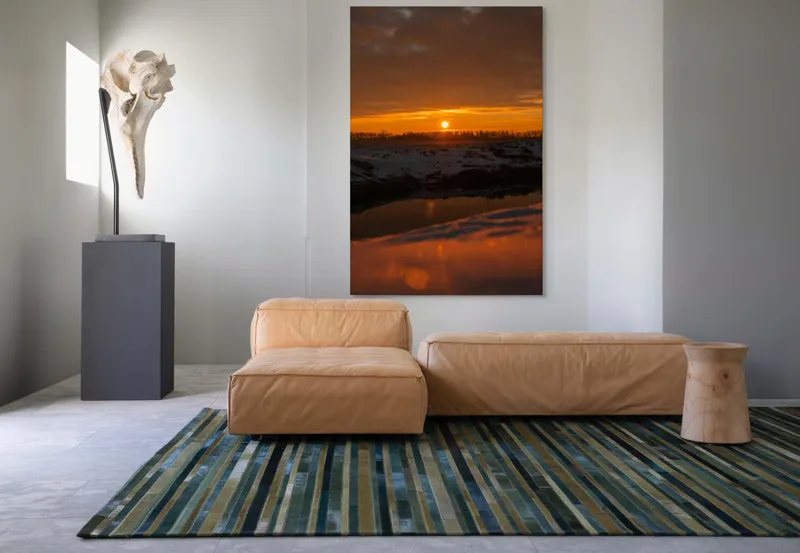 Tablou Canvas, "Apus de soare în iarnă liniștită", Apus, Cer, Nori, Zăpadă, Reflecție, Orizont, Lumină, 100 x 150 cm – poza 7